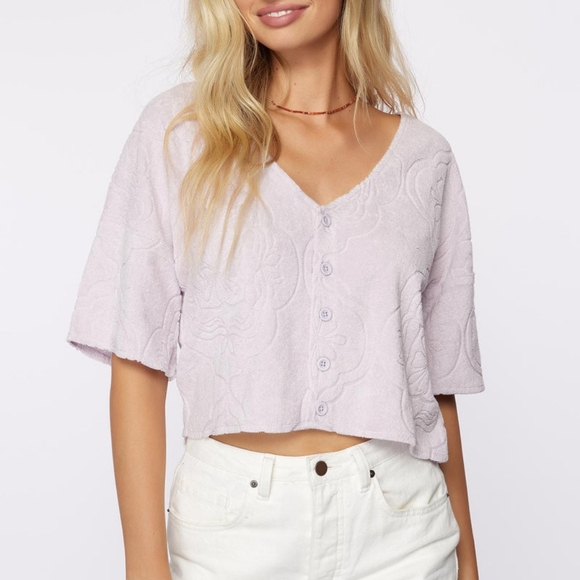 O'Neill Terry Cloth Button Up Shirt & Short Set Lilac Purple Flower Print - Picture 6 of 7